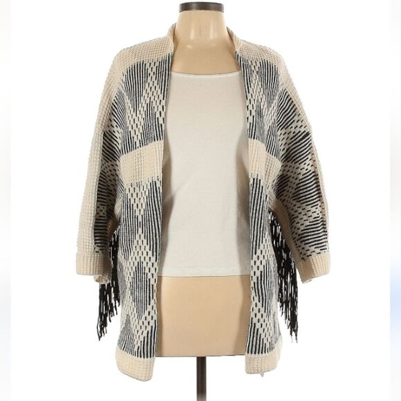 Wool alpaca sweater cardigan top open, fringe small or medium fit cream black - Picture 1 of 16